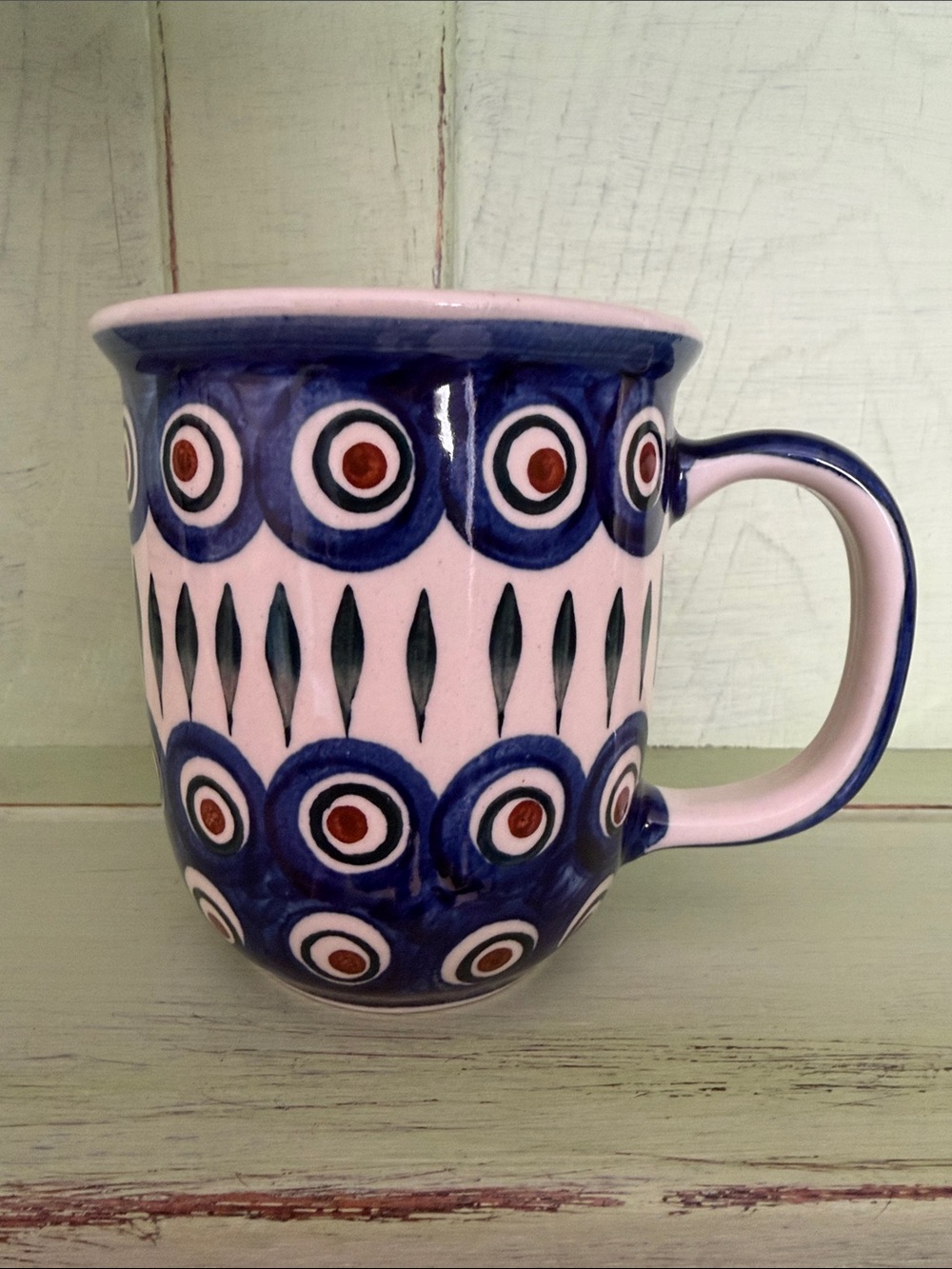Polish pottery Hand-Painted Ceramic Mug in peacocks eye design